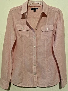 Banana Republic Linen Top Women's 4 Button Shirt Roll Tab Sleeves Pink Stripe - Picture 1 of 16