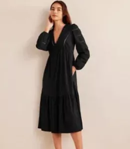 BODEN Woven Mix Midi Jersey Dress Black V-Neck Puff Sleeves US 2P Petite NEW - Picture 1 of 9