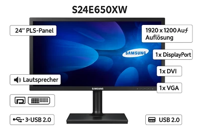 Samsung Color Display Unit S24E650XW 24 Zoll Monitor 1920x1200 PLS Schwarz 4ms - Bild 1 von 4