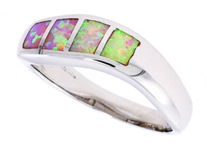 Fine Women 925 Sterling Silver Rhodium Plated, Pink Simulated Opal Wave Ring 7mm - Picture 1 of 1