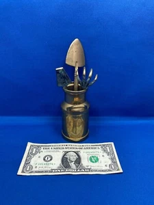 Antique German Miniature Solid Brass Handled Milk Can w/ 2 Shovels & Rake - Picture 1 of 6