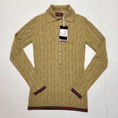 $2320 Novo Suéter Polo Feminino GUGGI Malha de Cabo LÃ L/S Pequeno P Marrom FEITO NA ITÁLIA - Imagem 1 de 4