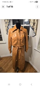 Vintage hellbraun Leder Trenchcoat Damen lang Gürtel Knopfleiste klassischer Stil Größe 8 - Bild 1 von 7