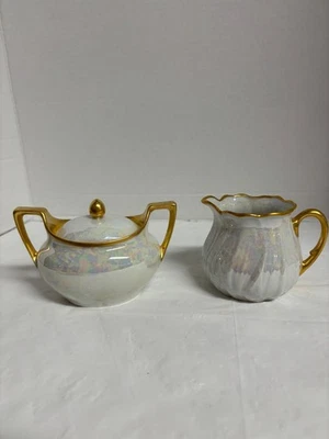 Vintage Lusterware Creamer & Sugar Bowl Mother of Pearl w/ Gold Rim EUC - Image 1 of 4
