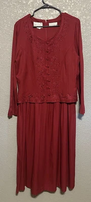 Винтажный Karin Stevens красный зрелый цветочный вышитое платье женщин 16 церкви офиса - Изображение 1 из 4