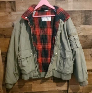 Vintage Windbreaker Herren Flanell gefüttert Utility Bomber Jacke Mantel oliv warm Gr. XL - Bild 1 von 15