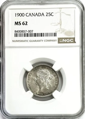 1900 SILVER CANADA 25 CENTS QUEEN VICTORIA COIN NGC MINT STATE 62 - Image 1 of 4