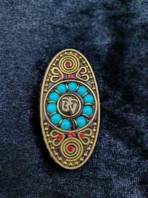 Tibetan Nepalese Brass Handmade Bead with Turquoise Coral Stone With Om Symbol - Image 1 of 4