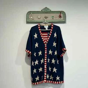 Vintage the Quacker factory stars stripes USA red white blue cardigan sweater 1X - Picture 1 of 6