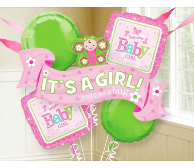IT'S A GIRL FOIL BALLOON BOUQUET PARTY DECORATION WELCOME BABY GIRL PINK GREEN - Image 1 of 3