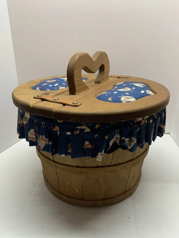 1970s Wooden Apple Basket with fabric accents Handle Wood Dual Entry Hinged Lid Cover