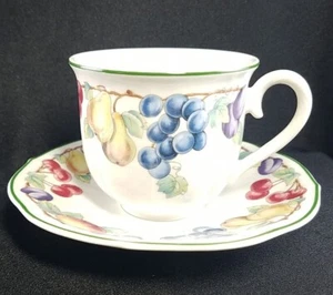 Villeroy & Boch MELINA Pattern Flat Cup & Saucer Fruit Border Scalloped Edge EUC - Picture 1 of 8