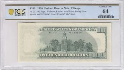 1996 $100 Small Size Federal Reserve Note, Insufficient Inking Error PCGS CU64 - Image 1 of 2