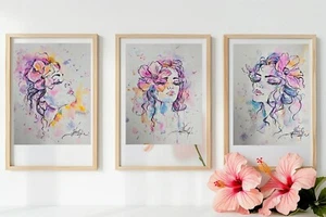 Original watercolor painting Triptych Modern Portrait of a Girl Artwork - Picture 1 of 4