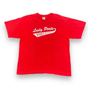 Vintage Stockton Lady Ports Port City Baseball T Shirt Pennant Style Red XL - Picture 1 of 5