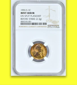 1955-S NGC MS60 Struck on SPLIT PLANCHET Lowest Mintage Lincoln Cent 1940-On █1C - Picture 1 of 4