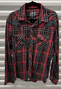 Rock 47 By Wrangler Plaid Snap Front Western Shirt Womens L Embellished Cowgirl - Picture 1 of 10