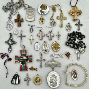Catholic Religious Jewelry Lot –Crosses Rosary Necklaces Medals Pins 33pc - Picture 1 of 10