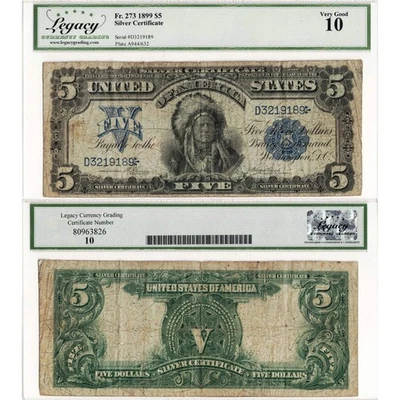 United States 1899 $5 Silver Certificate "Chief" Note Fr. 273 - Legacy VG-10 Foto 1 de 3
