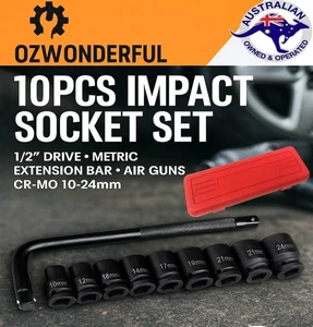 10pcs IMPACT SOCKET SET 1/2" DRIVE METRIC EXTENSION BAR AIR GUNS CR-MO 10-24mm - Picture 1 of 6