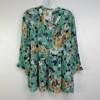 Блузка женская Sundance большая зеленая с цветочным рисунком 100% шелк богемная туника топ чистый V-образный вырез - Изображение 1 из 4