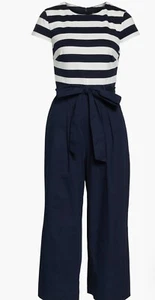 1901 Blue, White Stipe Ponte Crop Jumpsuit Back Zip Wide Leg Cap Sleeve Belt NWT - Picture 1 of 14