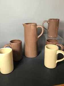 Pottery Barn Pitcher and 5 Mugs Great White and Brown BY BARBARA EIGER - Picture 1 of 9