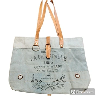 Myra Bag Recycled Canvas Blue Leather Straps Tote Shoulder Purse Cotton Read - Image 1 of 4
