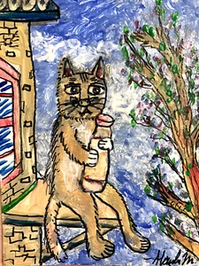 Original Artwork Cat With Bottle At Window Animal ACEO Handmade Signed By Artist - Picture 1 of 5