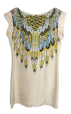 Derhy 100% Silk Multicolored Feather Boho Sheath Short Sleeve Navaho Dress Sz S - Image 1 of 4