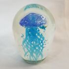 Blue Jellyfish Paperweight Clear Glass Art Decor 4.5" Marine Sea Life Decoration