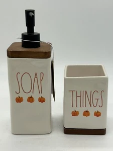 Rae Dunn Wood Trim Square SOAP Bottle & THINGS Container w/ Pumpkins Harvest - Picture 1 of 8