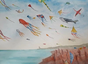 Bild - Aquarell - Original - Drachen - Kite - 40 X 30 cm - Bild 1 von 11