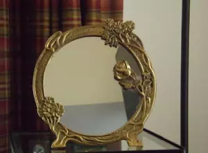 Art Deco Nouveau Brass Rose Floral Round Tabletop Mirror - Picture 1 of 3