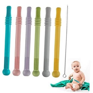 Hollow Teether Tubes, 6 Pack Chew Straw Toy for Infant Toddlers Silicone - Picture 1 of 8