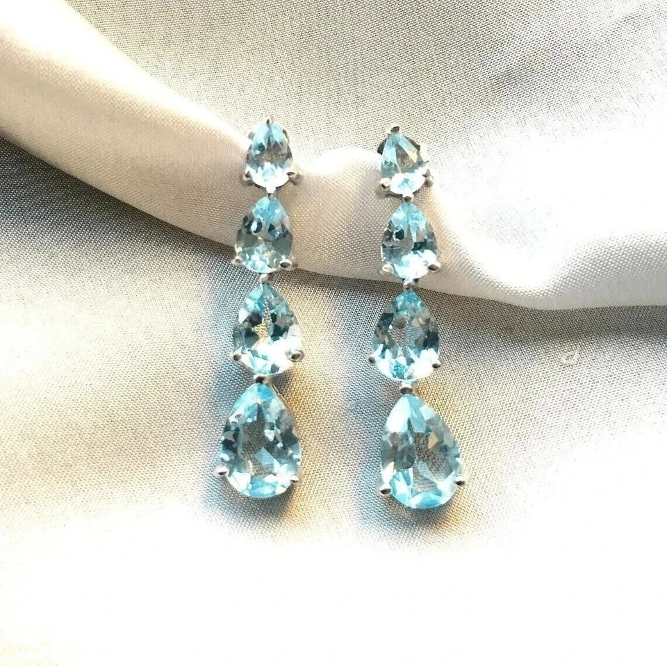 2.5Ct Pear Cut Lab Created Aquamarine Drop Dangle Earrings 14K White Gold Plated - Image 1 of 4