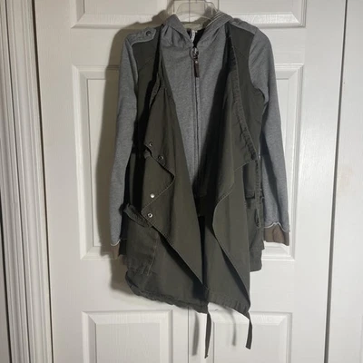 Chaqueta Michael Stars Mujer Pequeña Gris Oliva Con Capucha Utilidad Anorak Algodón Drapeado Foto 1 de 4