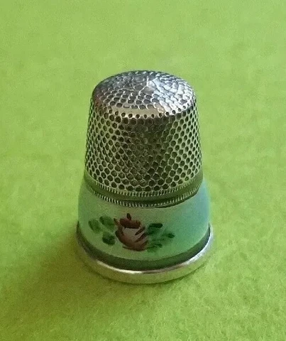 Antique Guilloche Enamel Sterling Silver Thimble 8 Germany Vintage no holes Blue Cover