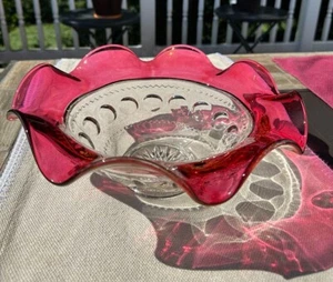 Indiana Tiffin Kings Crown Ruby Flash Glass Crimped Centerpiece Bowl - 11-1/2" - Picture 1 of 3