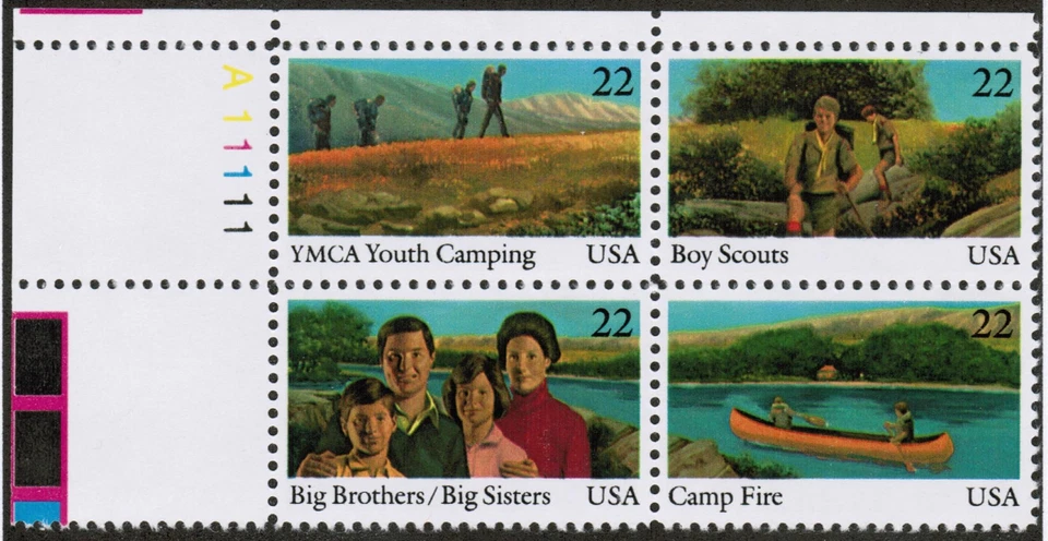 US USA Sc# 2163a MNH FVF PL# BLOCK Youth YMCA Camping Boy Scouts Canoe River - Image 1 of 1