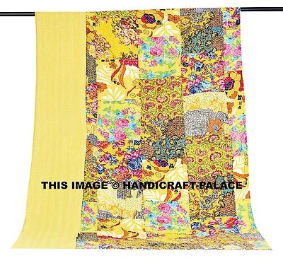 Colcha reversible Kantha edredón retazos florales amarillo indio Foto 1 de 4