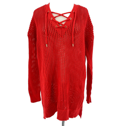 Maglione Michael Kors Oversize Rosso 1 4 Lacciato Maglia Larga Rosso Collo a V Lungo Mai
