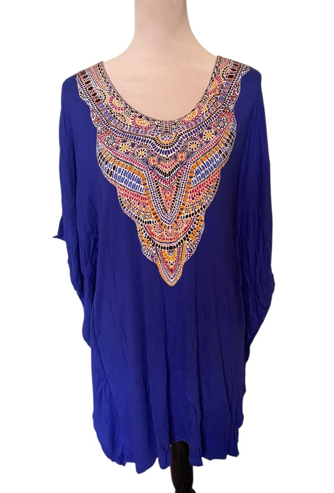 Camisón corto estampado medallón azul real Ellen Tracy caftán calce cuadrado talla pequeña Foto 1 de 4