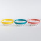 3 Vintage Glass Teal Yellow and Pink Ringed Dessert Bowls Circa 1950-1960