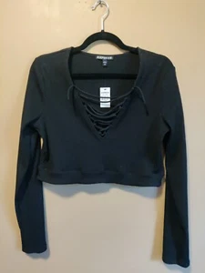 Express women's L sweater black ribbed v-neck ties cropped long sleeves NWT - Picture 1 of 9