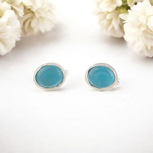 925 Sterling Silver Blue Cat's Eye Gemstone Jewelry Light-Weight Cufflinks 0.59" - Picture 1 of 6