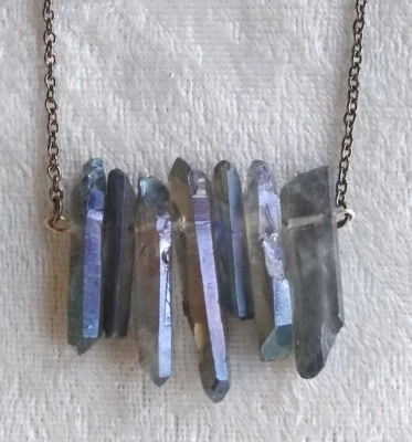 Iridescent blue titanium coated quartz crystal bar dangle chain necklace new  - Image 1 of 2