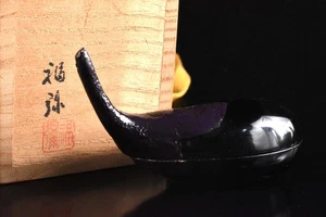 S2731: Japanese Dry lacquer Eggplant INCENSE CONTAINER Tea Ceremony w/signed box - Picture 1 of 11