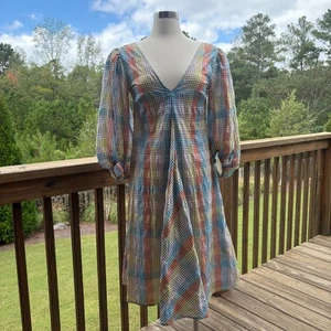 GANNI Midikleid Seersucker Karo Mehrfarbig Größe Small 34 Puffärmel - Bild 1 von 13