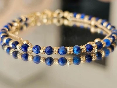 Exquisite Dainty Lapis Lazuli Bracelet 18k Gold Filled Chain Beaded Bracelet - Image 1 of 4
